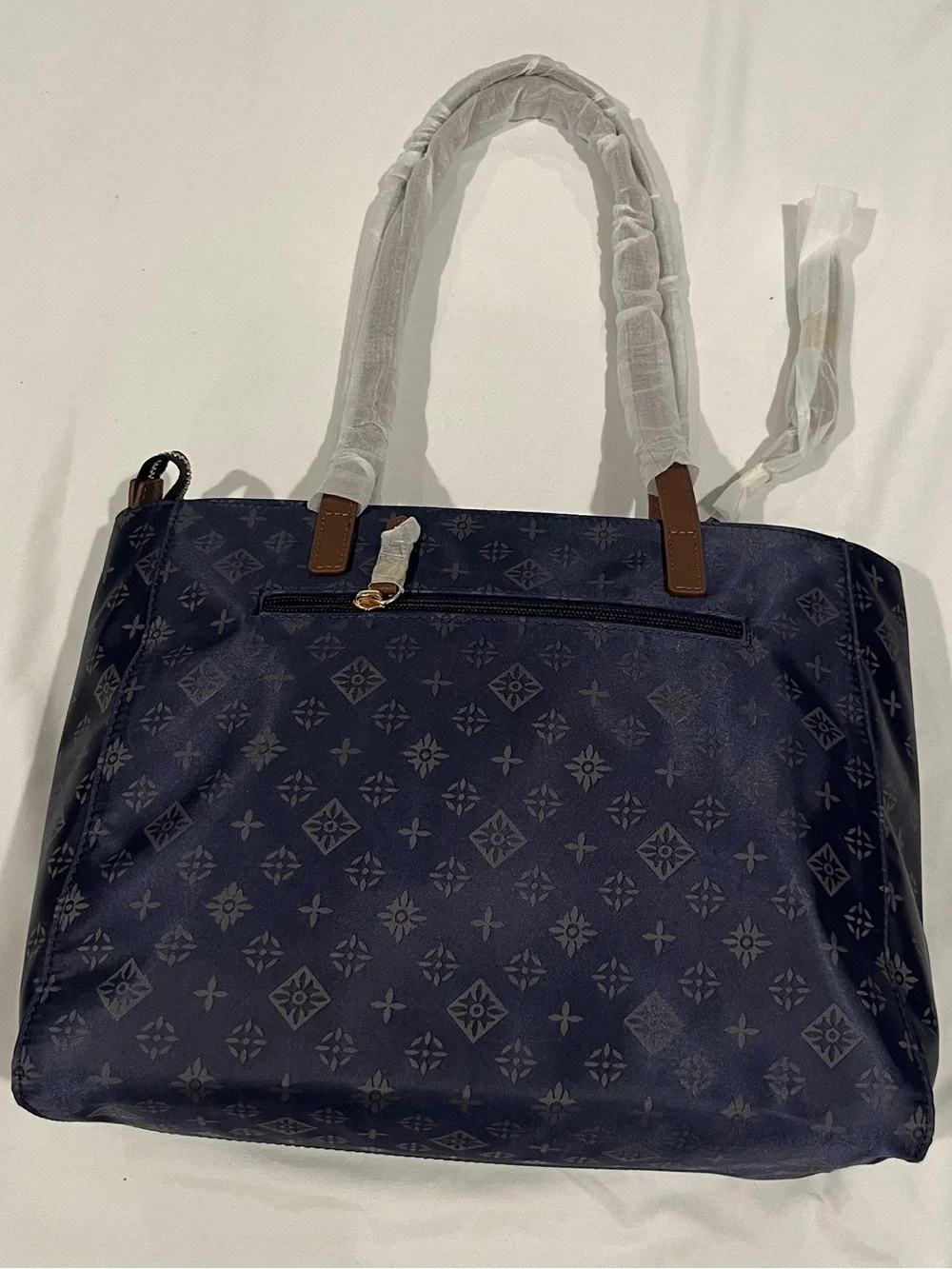 Navy Tote Bag with Brown Accents
